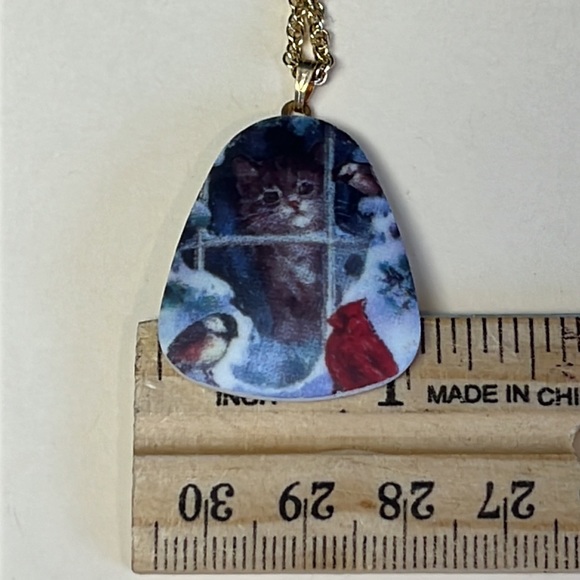 Rounded Triangular Cat Looking Out Window Pendant Necklace - Picture 10 of 13